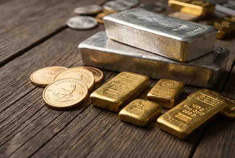 Eine edle Nahaufnahme zeigt verschiedene Goldmünzen, Goldbarren und massive Silberbarren, die kunstvoll auf einem rustikalen Holztisch arrangiert sind. Im Fokus stehen detailreiche Krügerrand-Münzen und geprägte Edelmetallbarren, die im warmen, seitlichen Licht glänzen.