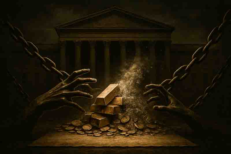 Eine große, goldglänzende Münze steht aufrecht im rechten Vordergrund auf einer rustikalen, dunklen Holzoberfläche. Die Münze zeigt in der Mitte einen Globus mit Längen- und Breitengraden; am oberen Rand ist der Schriftzug „B.R.I.C.S.“ und am unteren Rand das Wort „UNIT“ eingraviert.