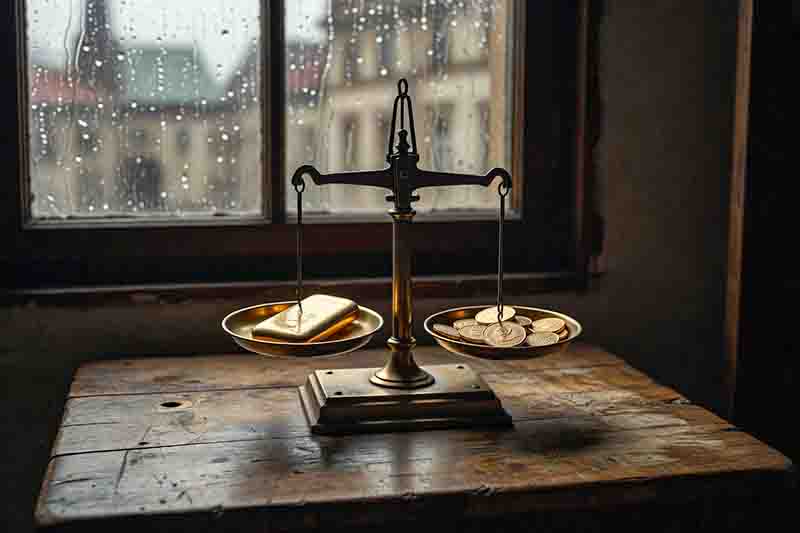 Eine antike goldene Balkenwaage steht auf einem rustikalen Holztisch vor einem regennassen Fenster. In der linken Waagschale liegt ein einzelner 1-Unzen-Goldbarren, in der rechten Waagschale befinden sich mehrere Goldmünzen.
